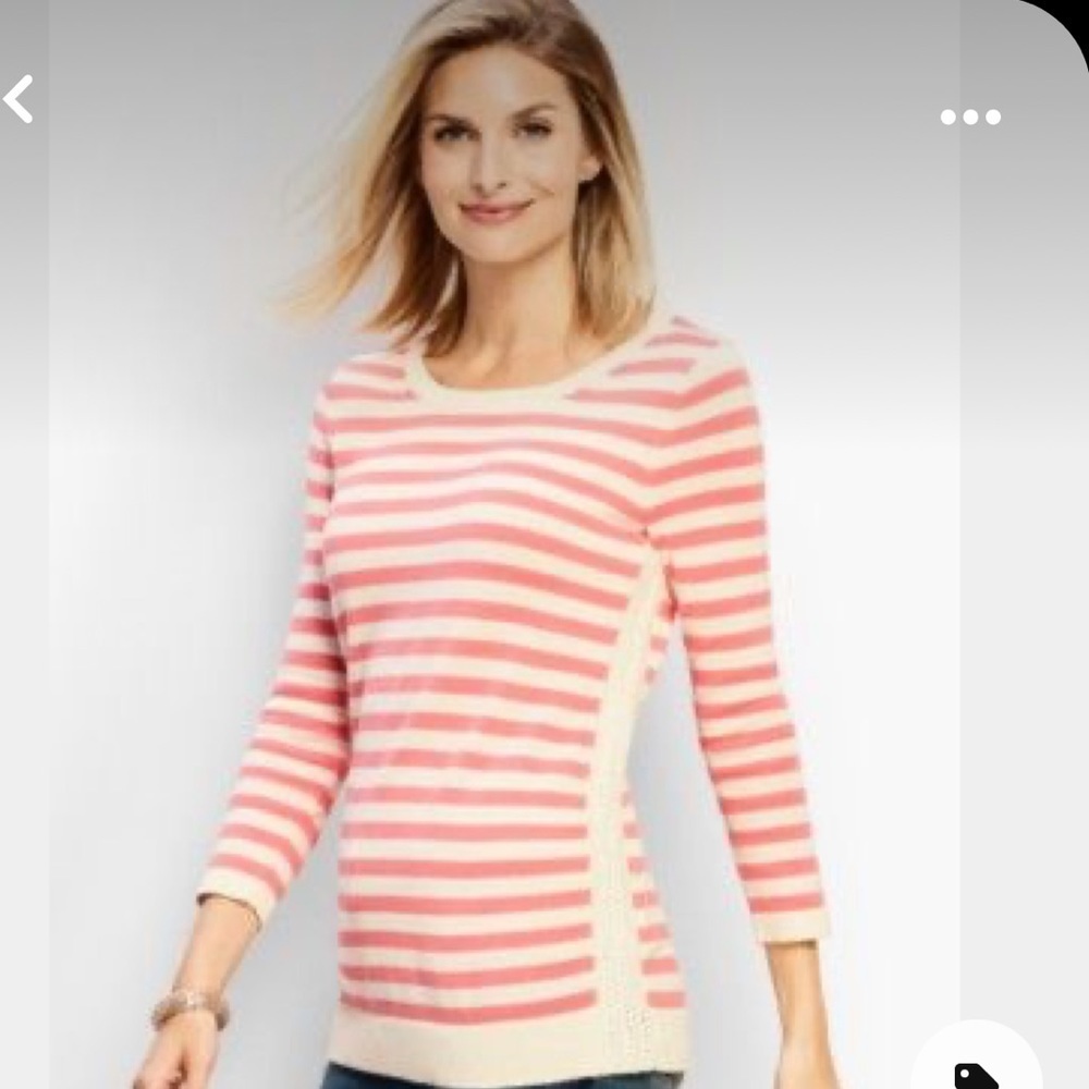 Talbots 100% Pima Cotton Crochet Side Stripe Sweater sz M. Coral/Cream EUC.